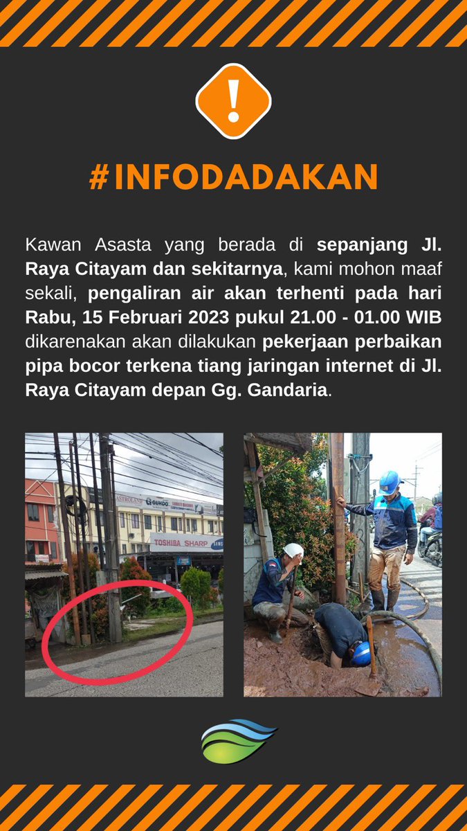 TirtaAsasta's tweet photo. Siap-siap tampung air ya #KawanAsasta. Mohon maaf atas ketidaknyamanannya 🙏

#AsastaDepok
#TukangLedeng https://t.co/PnI7WTMAsH