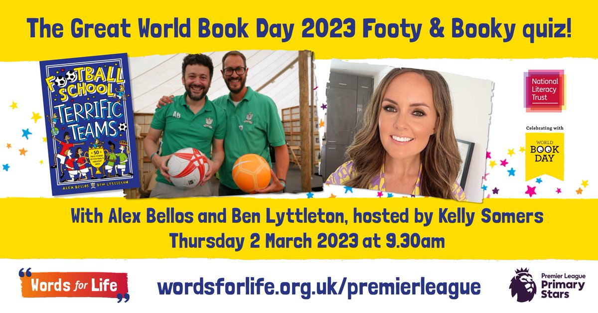 Literacy_Trust's tweet photo. Will you be joining The Great Big Footy &amp; Booky Quiz this #WorldBookDay? Hear from sports presenters, footballing heroes and writers! With @KellySomers @alexbellos @benlyt @PLCommunities 
Sign up: https://t.co/GFg6IG1G6U https://t.co/HZzHWklGvi