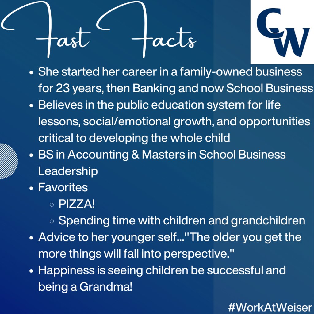 👏👏👏
A BIG Weiser Welcome to our new Director of Business, Ms. Amy Light! We are happy to have you on our team! 😊

#WeiserLeadershipTeam
#WorkAtWeiser
#WeAreWeiser