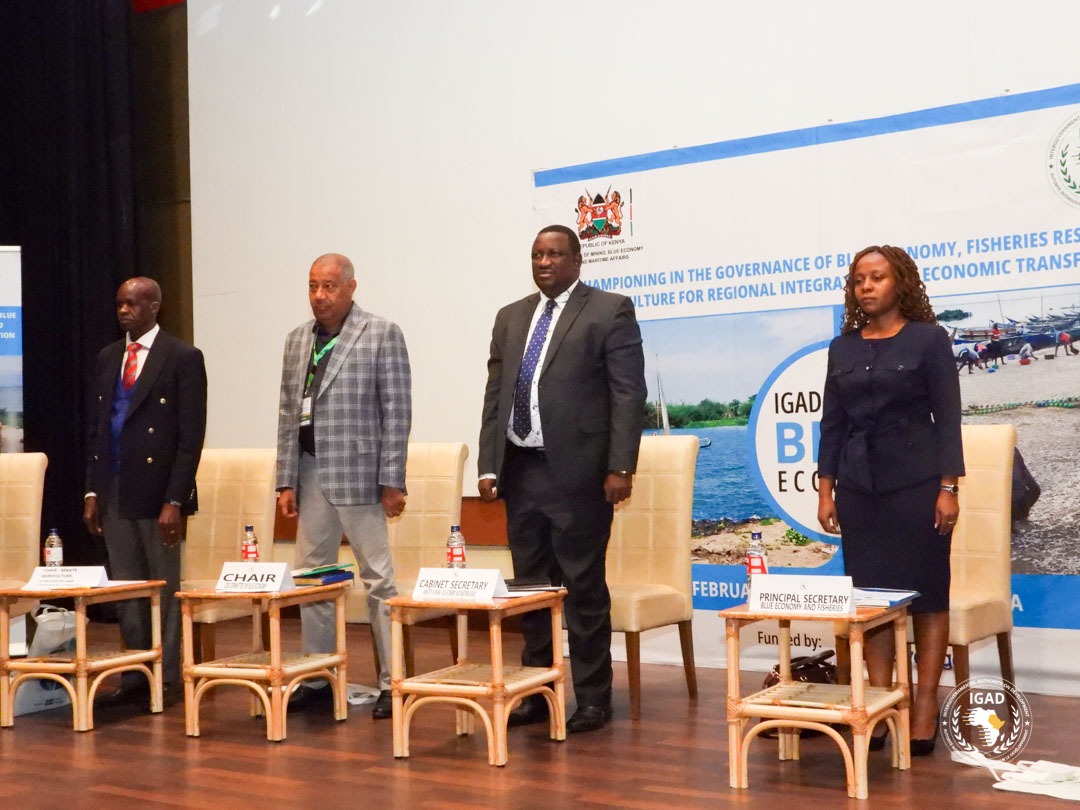 The CS for Mining,Blue Economy and Maritime Affairs Hon Salim Mvurya together with the PS for Blue Economy and Fisheries Madam Betsy Njagi,  the Chair COG for Blue Economy Hon Issa Timamy.