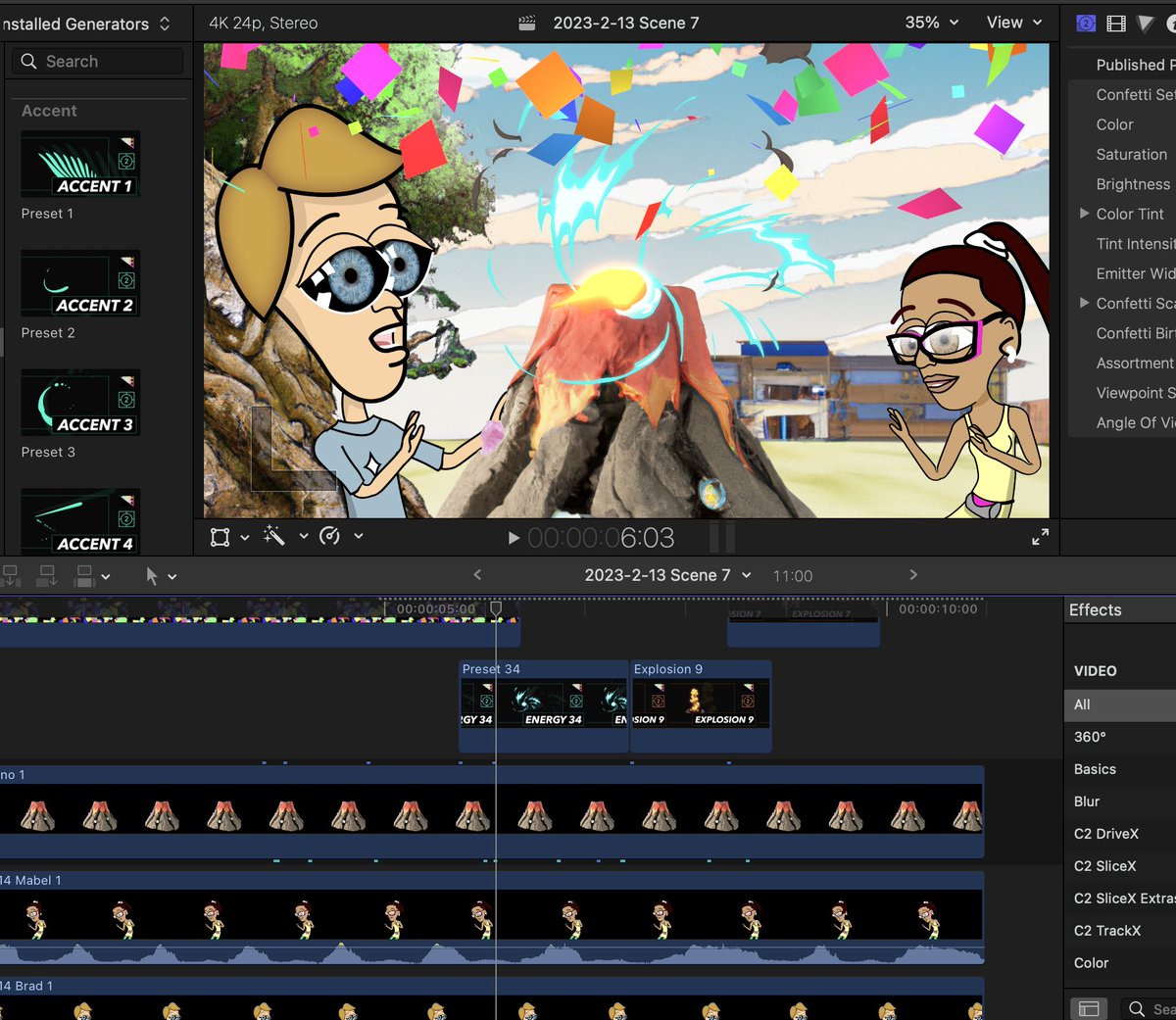 AlienBoyCartoon's tweet image. Snapshot of a very packed 11 seconds where Brad&apos;s paper mache volcano memory scene from one of his past school projects goes awry. Shout out to the programmers at Pixar who made some excellent generators. #finalcutprox