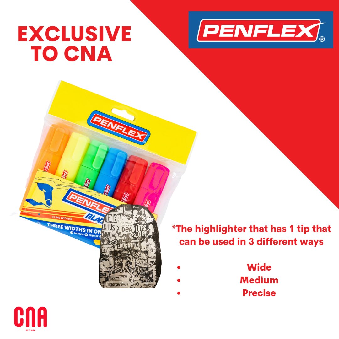 🔥EXCLUSIVE OFFER🔥

New and exclusive to CNA – this is the real deal for #stationery lovers! 

Buy any 2 Penflex Blade highlighter 6 packs and get a bag to the value of R100 free!