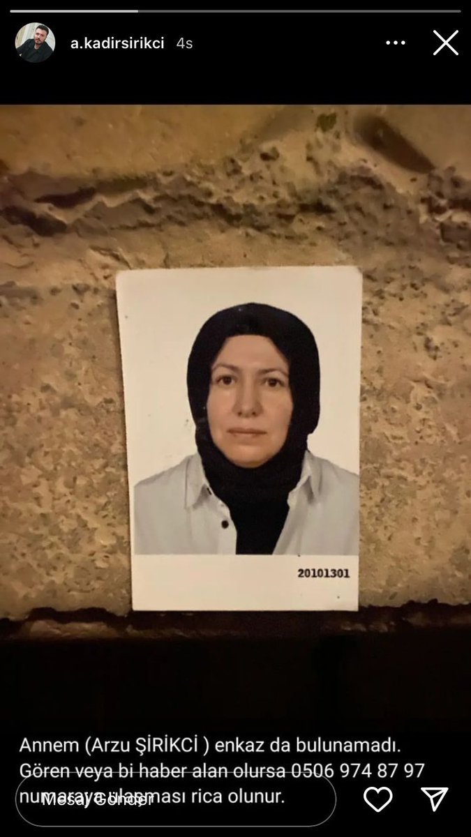 ARZU ŞİRİKÇİ
Kahramanmaraş’ta enkazda bulunamadı.
Gören ya da haber alan olursa 
İLETİŞİM: 0 506 974 8797