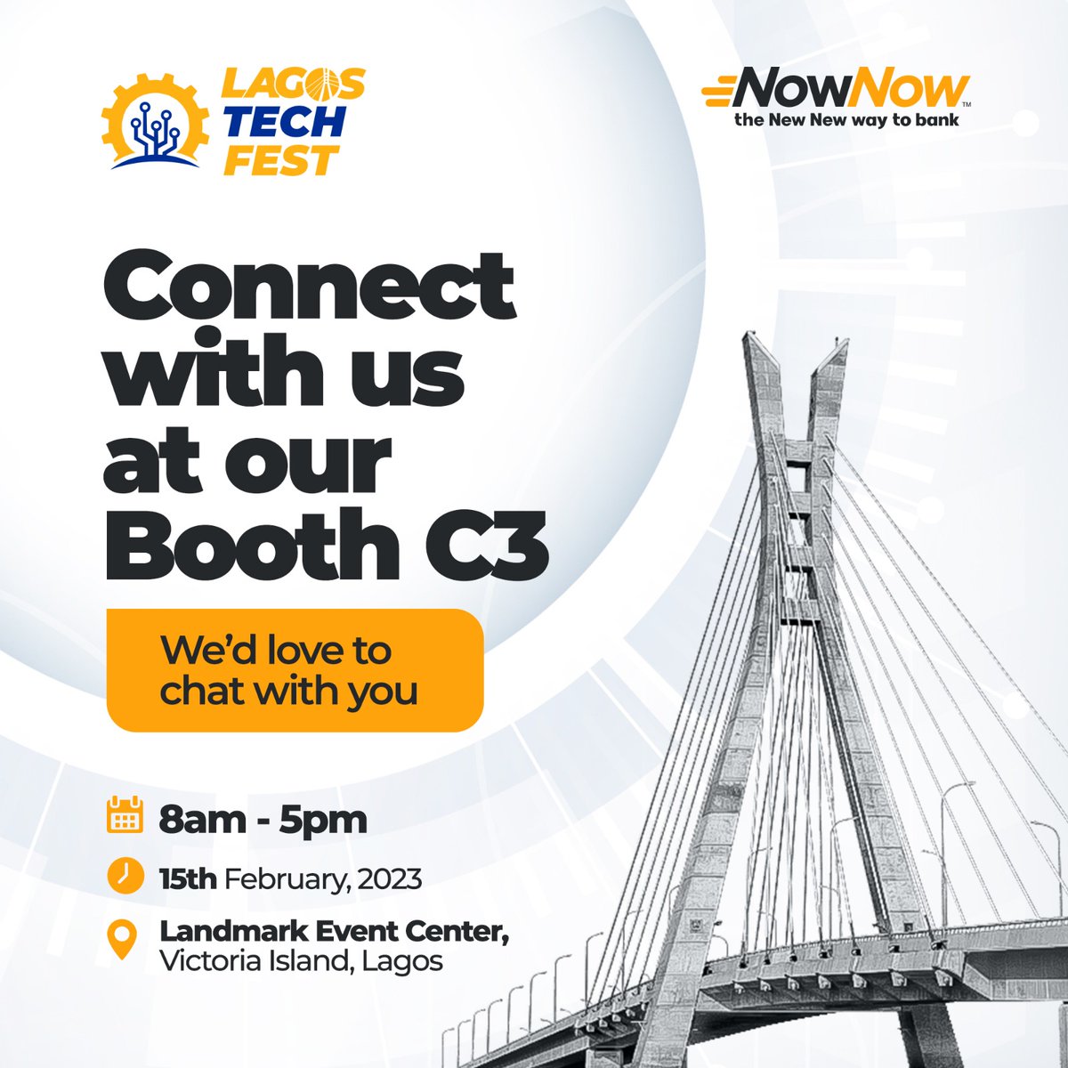 Join us today at the Lagos Tech Fest, Booth C3.
📍 Landmark Event Center
📅 15th February 2023
🕗 8:00 am

#nownow #nownowapp #techfest #landmarkevent #lagostechfest #financialsolution #business #finance