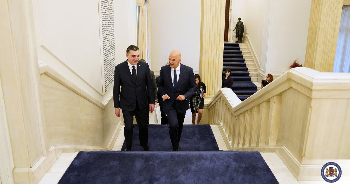 iliadarch's tweet photo. Grateful to my Greek counterpart @NikosDendias for his warm welcome. We had a comprehensive conversation on major themes of our bilateral agenda. I'm sure, this visit will upgrade coop between our countries to a new level. 🇬🇷's support for 🇬🇪’s 🇪🇺integration is much appreciated. https://t.co/xOhr4wEBo5