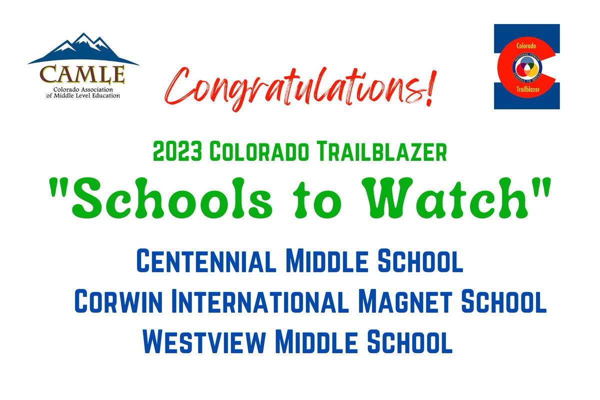 We are honored to present our 2023 Colorado Trailblazer Schools to Watch!
- Centennial Middle School (Montrose, CO)
- Corwin Int'l Magnet School (Pueblo, CO)
- Westview Middle School (Longmont, CO)
<a href="/WestviewSVVSD/">Westview Middle School</a> <a href="/CIMSIB/">Corwin International</a> <a href="/MCSDRE1J/">MCSDRE1J</a>