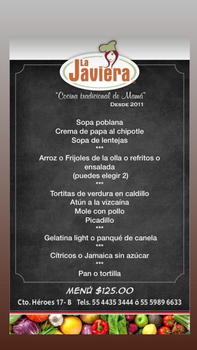 LaJaviera_rest's tweet photo. Ya mitad de semana! Les dejamos el menú para hoy! 

#MenuDelDia #ComidaCorrida #AntojitosMexicanos #Taquizas #ServicioADomicilio #CDSatelite #Restaurante #Comida #Deli #Desayunos #FelizMiercoles https://t.co/j85emb7nAh