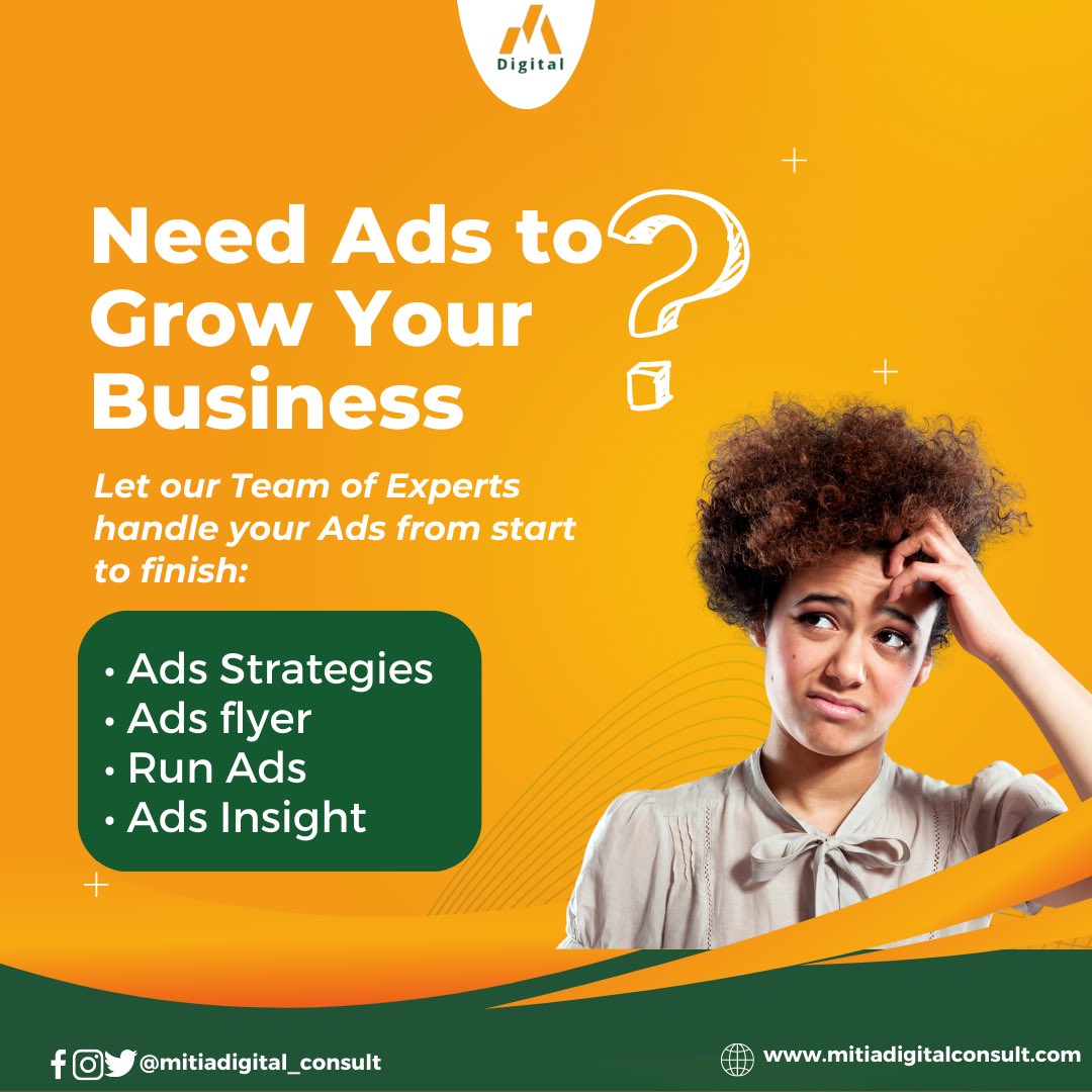 Need Ads to grow your business?
.
Let our team of experts handle all your ads services from start to finish.

We are ever here to make your digital dreams come true!
.
.

#mitia #mitiatheglobalbrand #mitiadigitalconsult #Ads #adcopy #adsflyer #flyer #adservice #ads