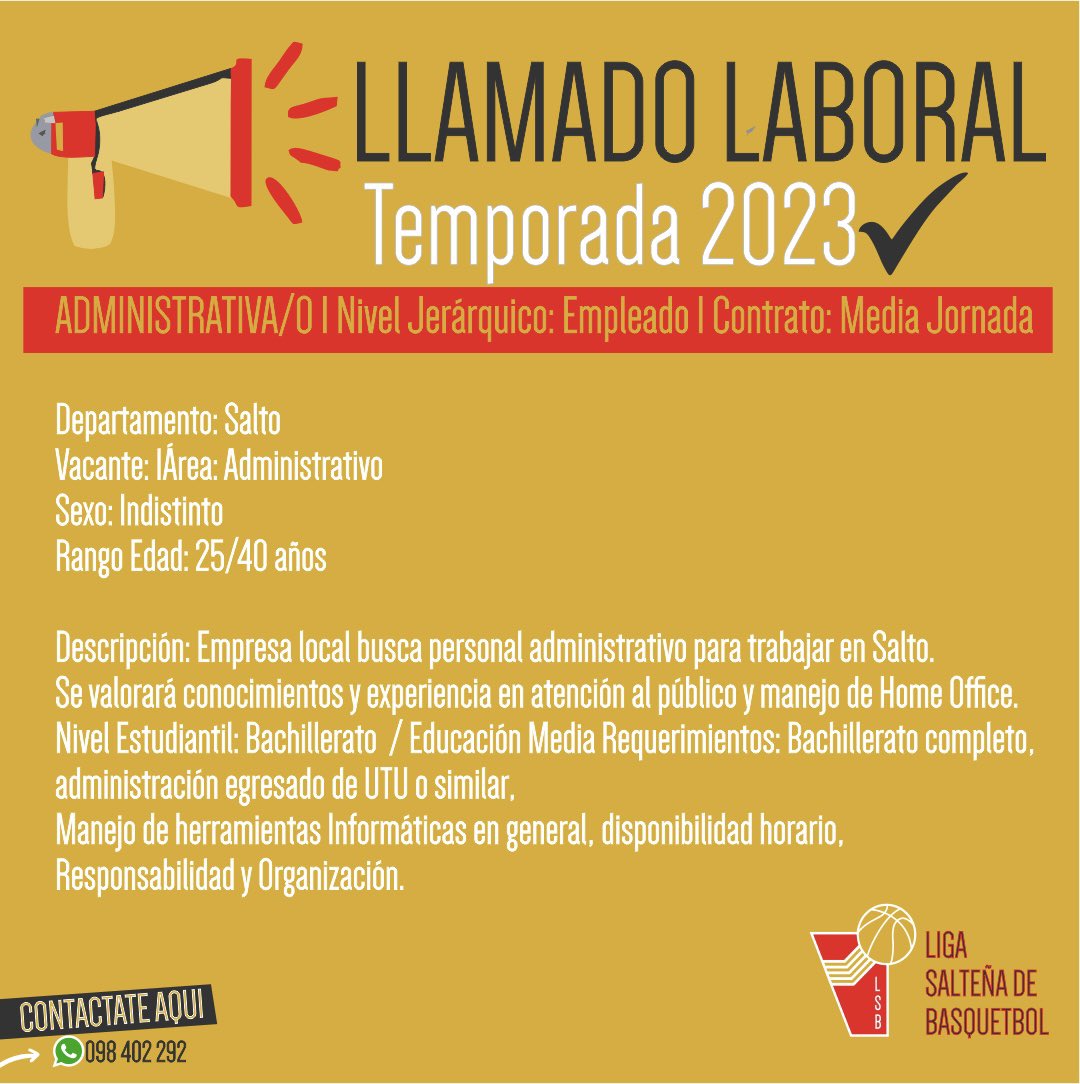 📢 Llamado Laboral 😁 ¡Buscamos un Administrativo Basquetbolista que nos acompañe esta gran Temporada que se nos viene! 🏀🧑🏽‍💻👩🏽‍💻

Escribinos por WhatsApp para más info (link en bio) o guardá nuestro 📲 098 402 292.

¡Anímate!