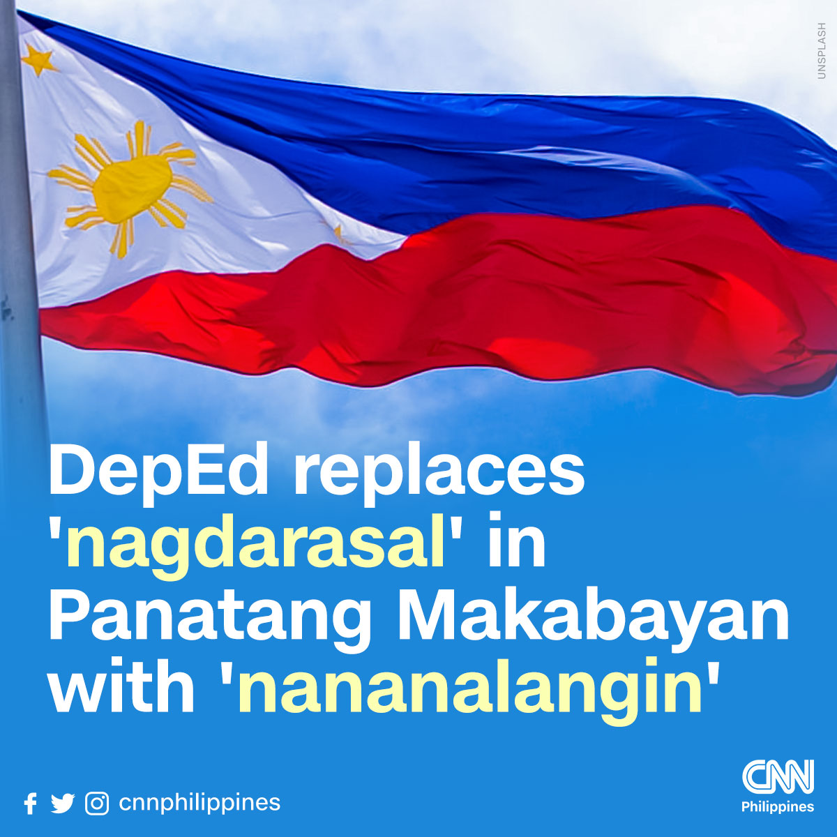 newswatchplusph's tweet photo. The Department of Education has replaced the term for praying in the national pledge “Panatang Makabayan” to encompass all belief systems.

What are your thoughts on this? https://t.co/LHrgeiNpkL