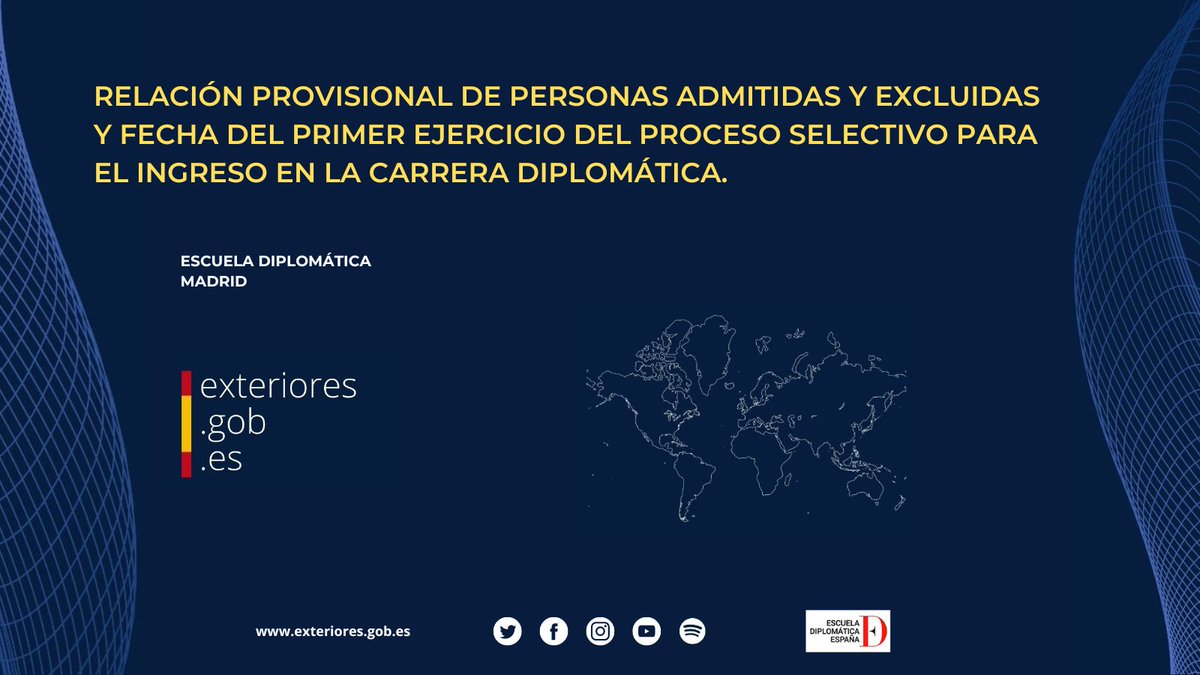 esc_espana's tweet photo. Ya está publicada la relación provisional de personas admitidas y excluidas y la fecha, hora y lugar de celebración del primer ejercicio del proceso selectivo para el ingreso en la #CarreraDiplomática. 

👇
https://t.co/YiBq5LS0aS 

#TúPuedesSerDiplomático https://t.co/NW1CNcIKBR