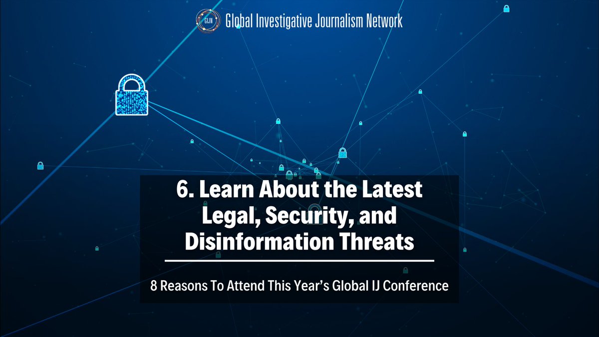 gijn's tweet photo. 6. Learn About the Latest Legal, Security &amp; Disinformation Threats 🔒

#GIJC23 is the ultimate event to learn the scope &amp; scale of the latest threats facing investigative journalists, from harassment “SLAPP” lawsuits to state persecution and surveillance.

https://t.co/Q0Y6Lp75SI https://t.co/OnlLynWe7R