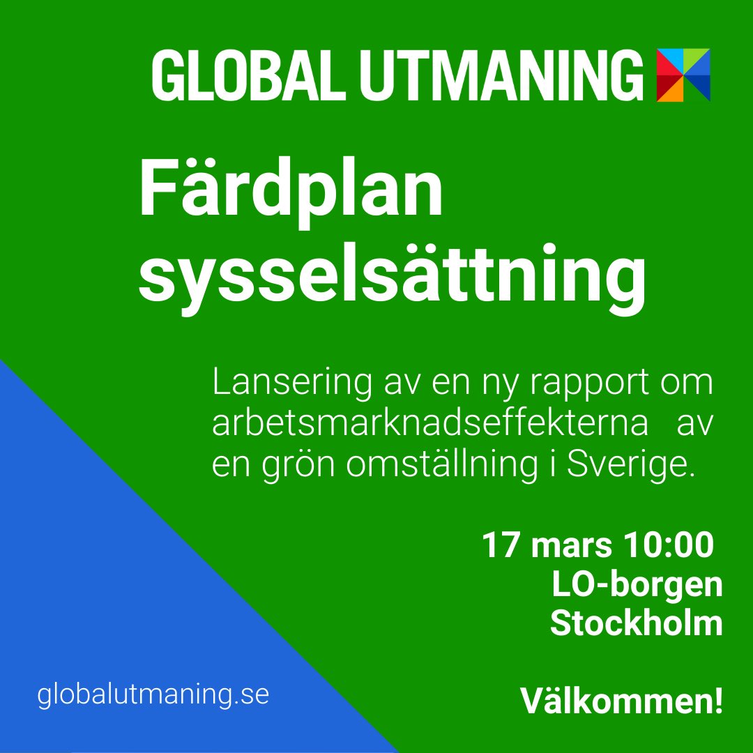 Välkommen till lanseringen av rapporten Färdplan sysselsättning – Arbetsmarknadseffekter av en grön omställning i Sverige. Mer info och anmälan: fardplansysselsattning.confetti.events
<a href="/LOSverige/">LO Sverige</a> <a href="/IVLSvenskaMiljo/">IVL</a> <a href="/Byggnads/">Byggnads</a> @H2GreenSteel <a href="/Arbetsformed/">Arbetsförmedlingen</a> @RagnSells_Swe <a href="/Vattenfall_Se/">Vattenfall Sverige</a> <a href="/arbetsmarkdep/">Arbetsmarknadsdepartementet</a>