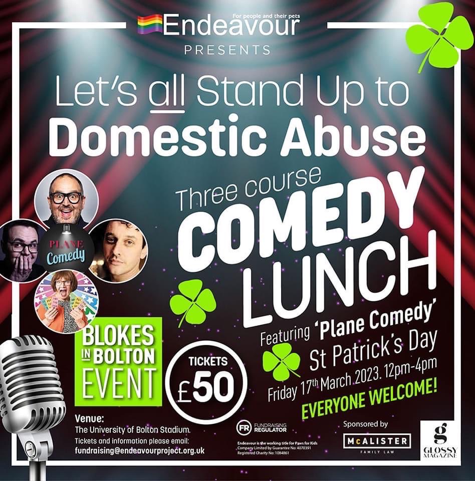 BeyondLawGroup's tweet photo. @McAlisterFamLaw headline sponsor  @EndeavourDAV’s ‘stand up to domestic abuse’ comedy lunch - Blokes in Bolton! 

The lunch gives those attending the chance to enjoy a fantastic afternoon of first class comedy whilst standing up to Domestic abuse.

#noonegetsleftbehind #sutda https://t.co/OXGBPgppKJ