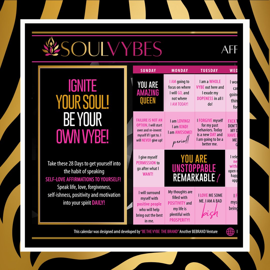 bethevybe's tweet image. Start of 28 Day Soul Igniter Challenge. Join in today accepting and speaking life into your soul! Today is the day to be AMAZING!  #beyourbest #igniteyoursoul #magicisinme #selfaffirmations #dailygrind #bossbabe

Purchase Your Soul Igniter Calendar Now!