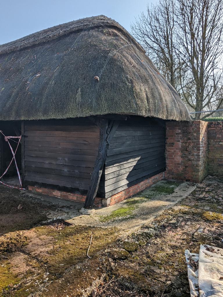 Interesting opportunity today to see inside the old barn adjacent to the cricket pitch. Some lovely old timbers have survived, despite a fire several years ago.