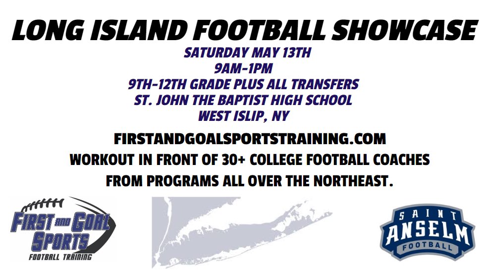 🚨We are coming to Long Island!🚨We are excited to announce our second High School football showcase of the spring! 
👇🏽Reserve your spot here:👇🏽
firstandgoalsportscamps.com