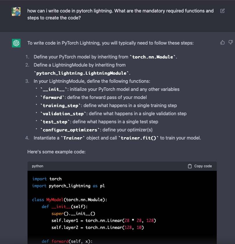 ShrimalAnubhav's tweet image. Just used @OpenAI's #ChatGPT to quickly get started with #PytorchLightning. It was able to quickly explain me the necessary details with example code.
