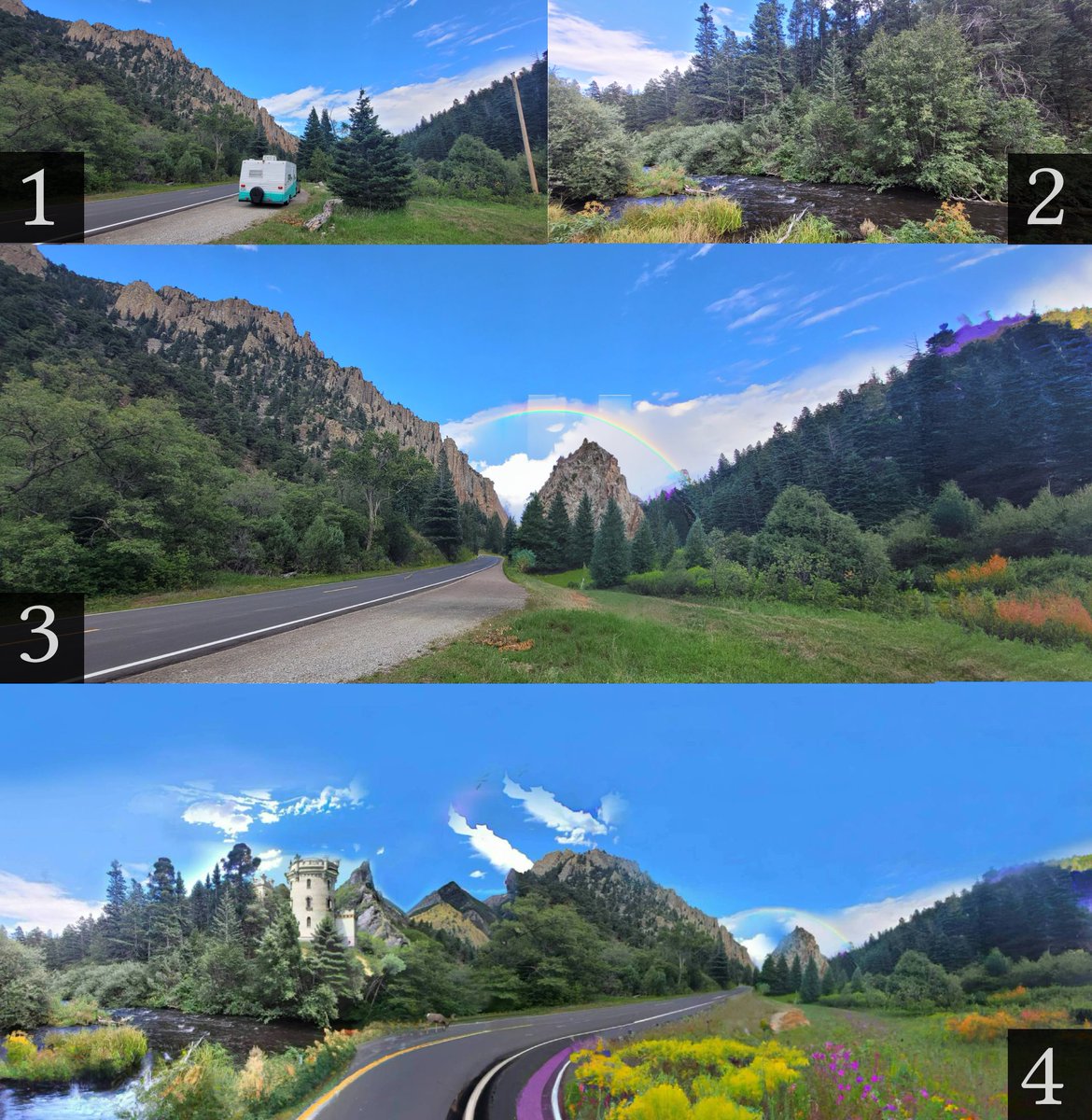 vipdiv's tweet photo. Bottom photo completed with partial AI text generation: PHOTO_: I actually drove and stopped in the mountains. I removed the green travel trailer, tree log, and trees in @photopeacom 2-hour process, but 20 years of design read comments for the rest of the steps...#dalle2 #artist https://t.co/X0sDcjYlAz