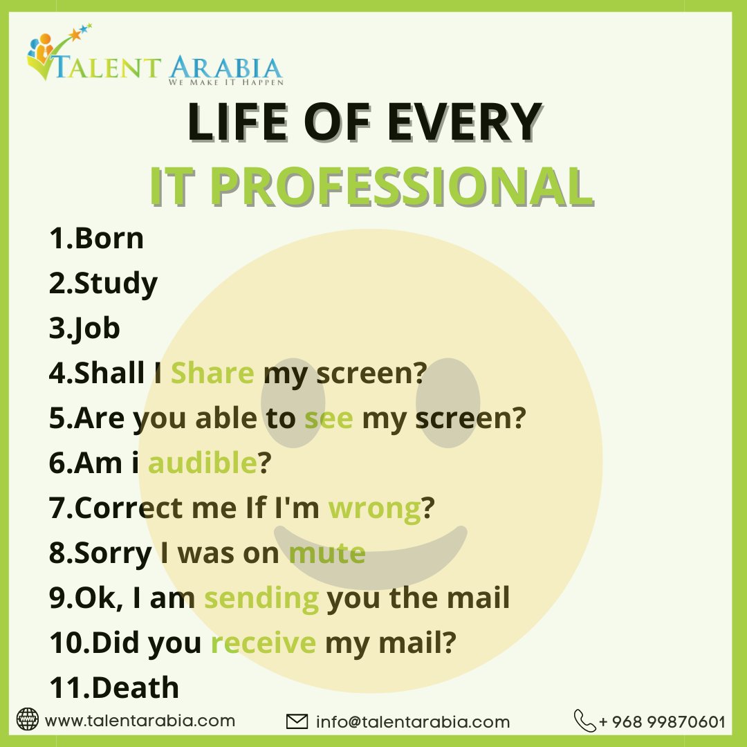 itstalentarabia's tweet image. The life of every IT professional.
 
#ITprofessional #TechLife #WorkChallenges #CommunicationStruggles #CareerJourney  #productivityhacks #motivatedmindset #help #productivity #talentarabia #talentarabiaoman #talentarabiaindia #talentarabiagulf