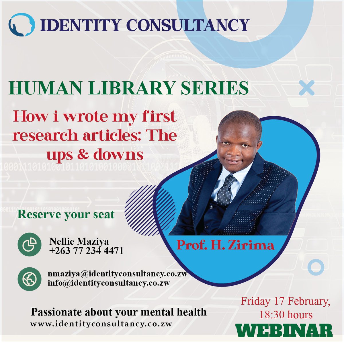 IdentityConsul2's tweet photo. Tune in &amp; learn about writing &amp; publishing research articles from the professor's personal experience. @thandaza_golide @ZirimaHerbert @MentalbalanceS https://t.co/KY64YDj4tD