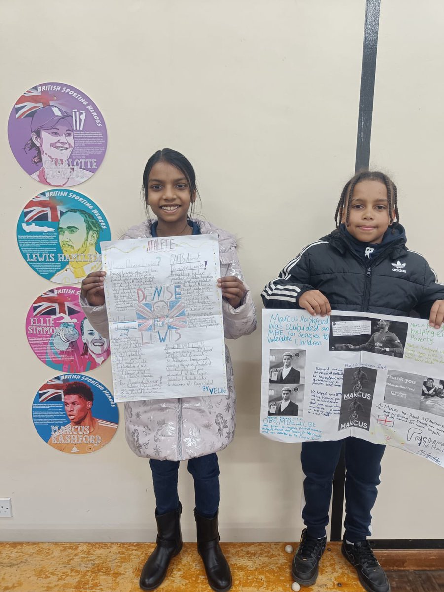 Mr Magee asked the children to create posters of inspiration British athletes. Our overall winners are Izzy, Velda and Ryan! All entries will be displayed in the hall! @LauraUnsworth4 @RealDeniseLewis @MarcusRashford Thank you for being an inspiration to our children 🥰