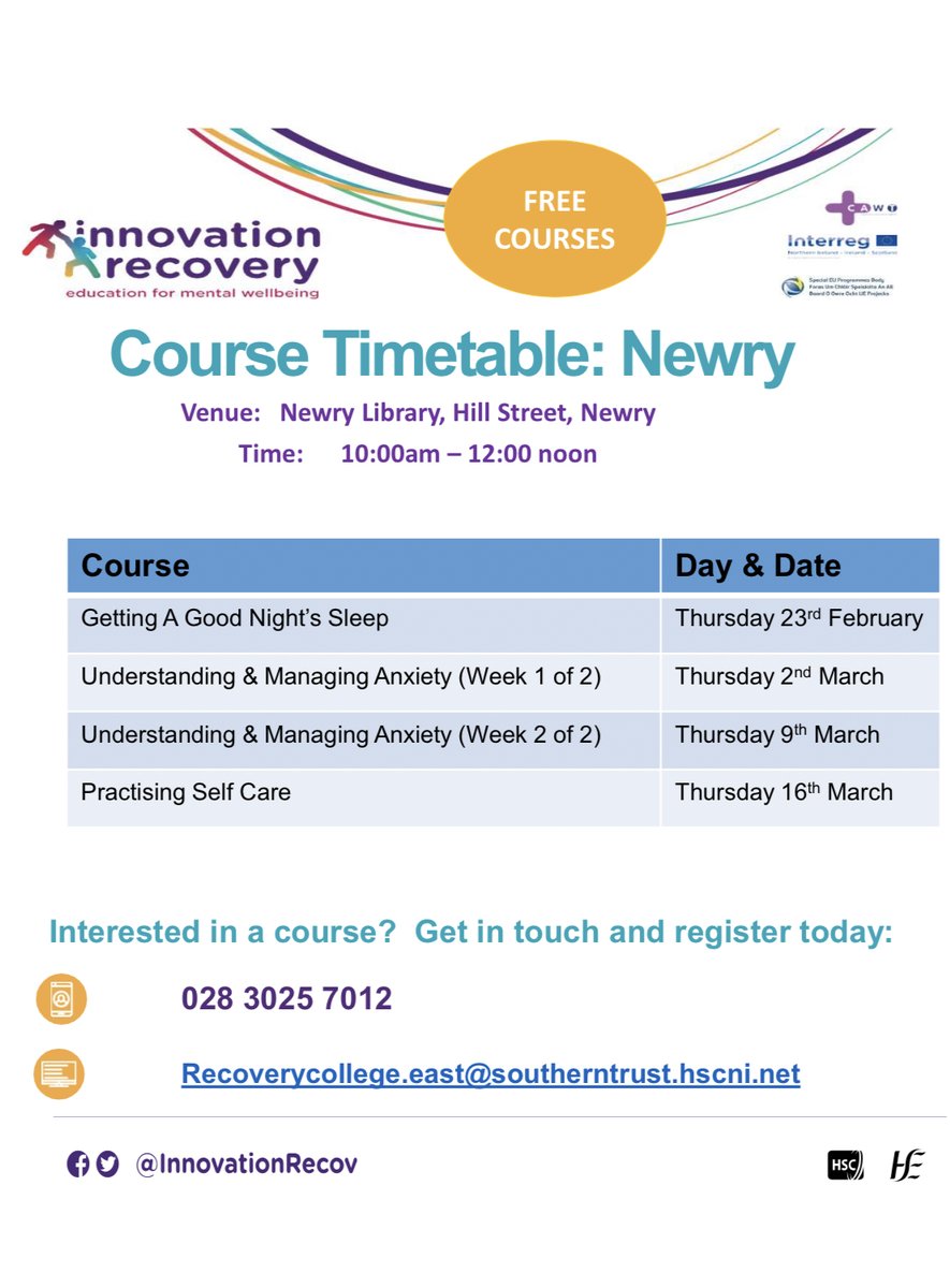 CAWTCrossBorder's tweet photo. 📍FEBRUARY & MARCH COURSES 🗓
CAWT’s EU #INTERREGVA Innovation Recovery #MentalHealth project is offering education for wellbeing FREE courses in Newry, @SouthernHSCT area.
📞 028 3025 7012
📧recoverycollege.east@southerntrust.hscni.net https://t.co/C5DGaYjfow
