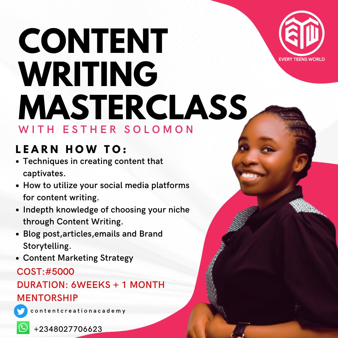 Contentcreatetw's tweet photo. Content strategies play a very important role in any marketing campaign.

 It helps you design creative brand communication to make an impact on your target audience.

Sign up for this Masterclass today.

Send "CSM" to 08027706623. https://t.co/0pSb94rSsV