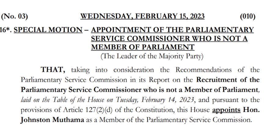 NAssemblyKE's tweet photo. In a session chaired by the Deputy Speaker of the National Assembly, @GladysShollei, Members of the National Assembly have unanimously approved a motion on the appointment of Hon. Johnston Muthama as a Parliamentary Service Commissioner. https://t.co/rskjsEJTa3