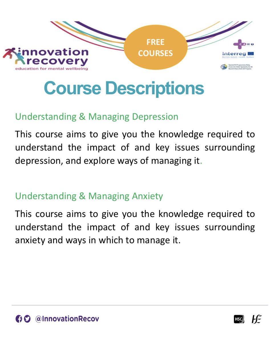 CAWTCrossBorder's tweet photo. 📍FEBRUARY & MARCH COURSES 🗓
CAWT’s EU #INTERREGVA Innovation Recovery #MentalHealth project is offering education for wellbeing FREE courses in Kilkeel, @SouthernHSCT area.
📞 028 3025 7012
📧recoverycollege.east@southerntrust.hscni.net https://t.co/dqaVI6MrsU