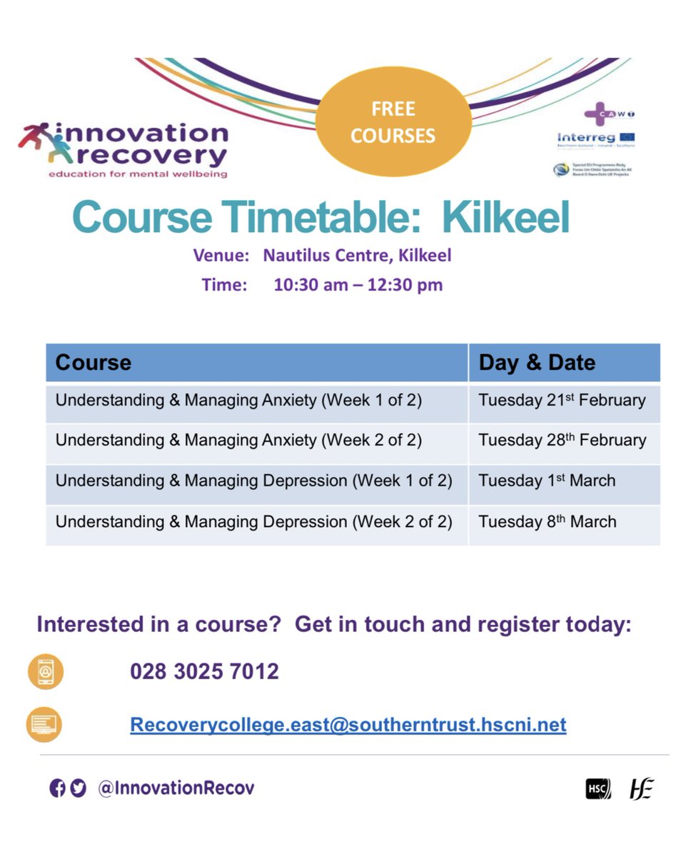 CAWTCrossBorder's tweet photo. 📍FEBRUARY & MARCH COURSES 🗓
CAWT’s EU #INTERREGVA Innovation Recovery #MentalHealth project is offering education for wellbeing FREE courses in Kilkeel, @SouthernHSCT area.
📞 028 3025 7012
📧recoverycollege.east@southerntrust.hscni.net https://t.co/dqaVI6MrsU