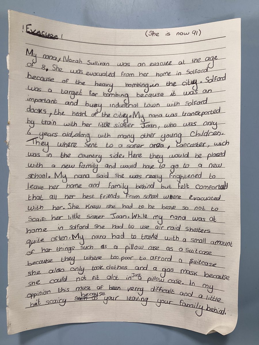 ctkrcps's tweet photo. As part of Y6’s work on evacuees, this young man spoke eloquently about his grandmothers experience of being an evacuee. Providing the class with a first hand account of what her life was like. #WW2 #creativity #homework #history #ks2writing #firsthandaccount https://t.co/B1wQHhp8GN