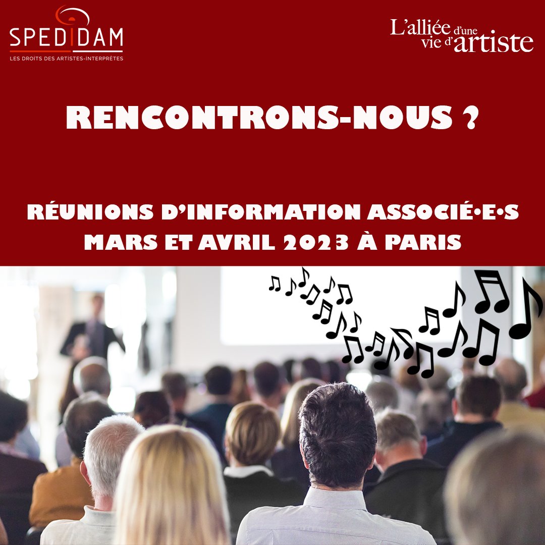 Spedidam's tweet image. Venez nous rencontrer ! 😀

Nous organisons des réunions d&apos;associ·é·s dans nos locaux à Paris en mars et avril.

Pour devenir associé·e c&apos;est par ici : spedidam.fr/artistes-inter… 

Pour plus d&apos;infos, contactez-nous : spedidam.fr/nous-contacter… 

#spedidam #AlliéeDuneVieDartiste