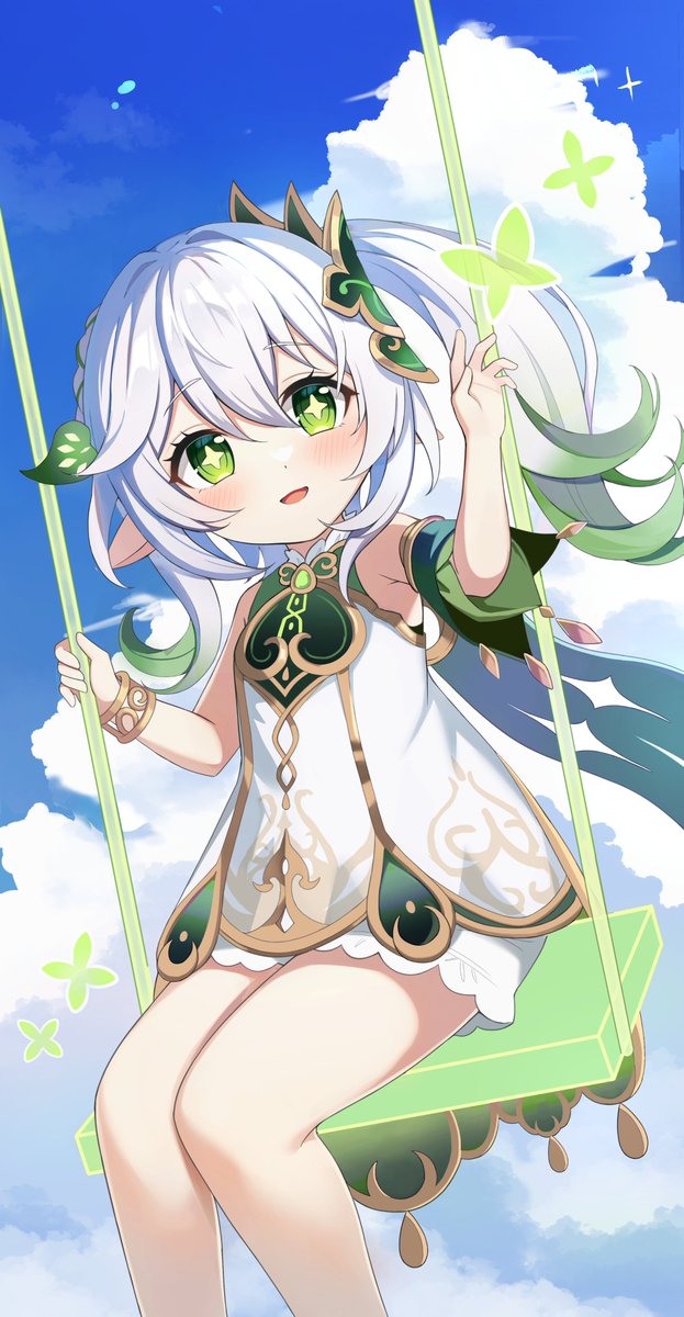 nahida (genshin impact) 1girl swing solo green eyes symbol-shaped pupils side ponytail dress  illustration images