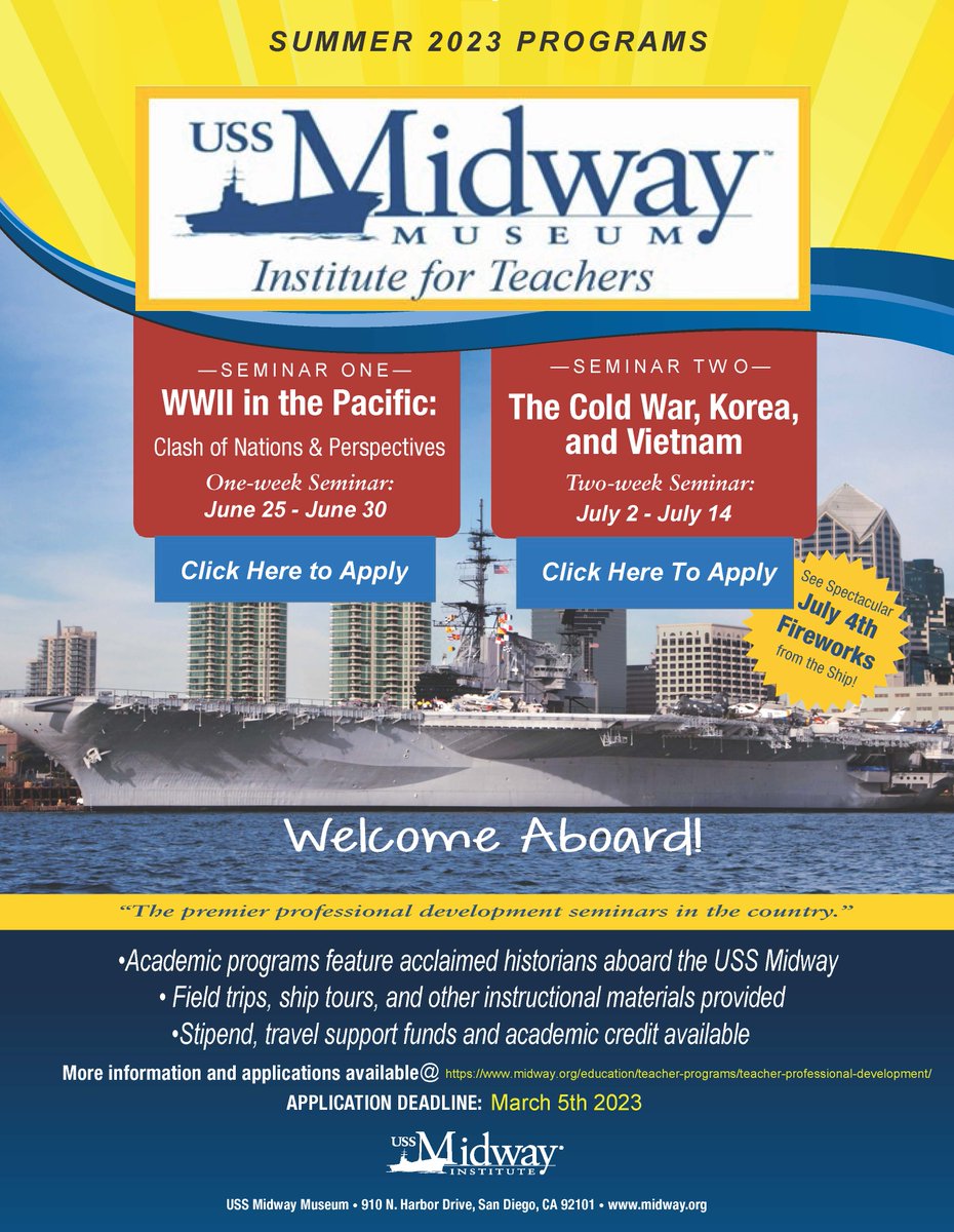 MidwayEducators's tweet photo. History Teachers: Applications for summer seminars open until March 5th. Join us aboard the USS Midway! #ColdWar #ProfessionalDevelopment #WWII https://t.co/J2jSV14tMb