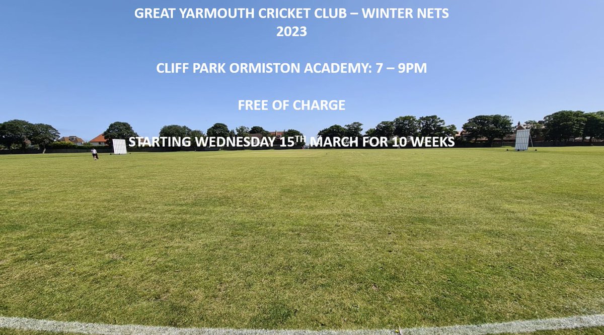 Great Yarmouth Cricket Club (@greatyarmouthcc) on Twitter photo Details below of when our winter nets begin, any new players interested in joining us then please do not hesitate to drop us a message 😃 🏏 Details below of when our winter nets begin, any new players interested in joining us then please do not hesitate to drop us a message 😃 🏏