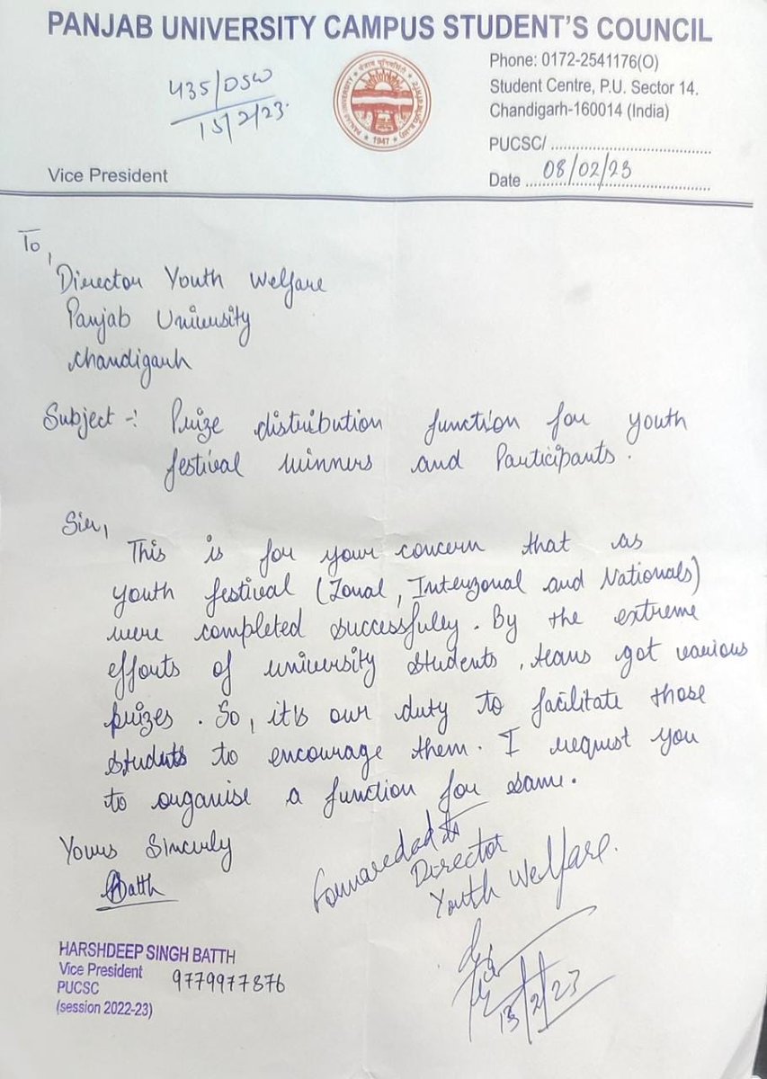 pu_pulse's tweet photo. Today PUCSC #VicePresident Harshdeep Singh Batth has submitted a #memorandum to DSW Regarding prize distribution function for youth festival winners and participants.
#pulseupdates https://t.co/jrHF65opBW