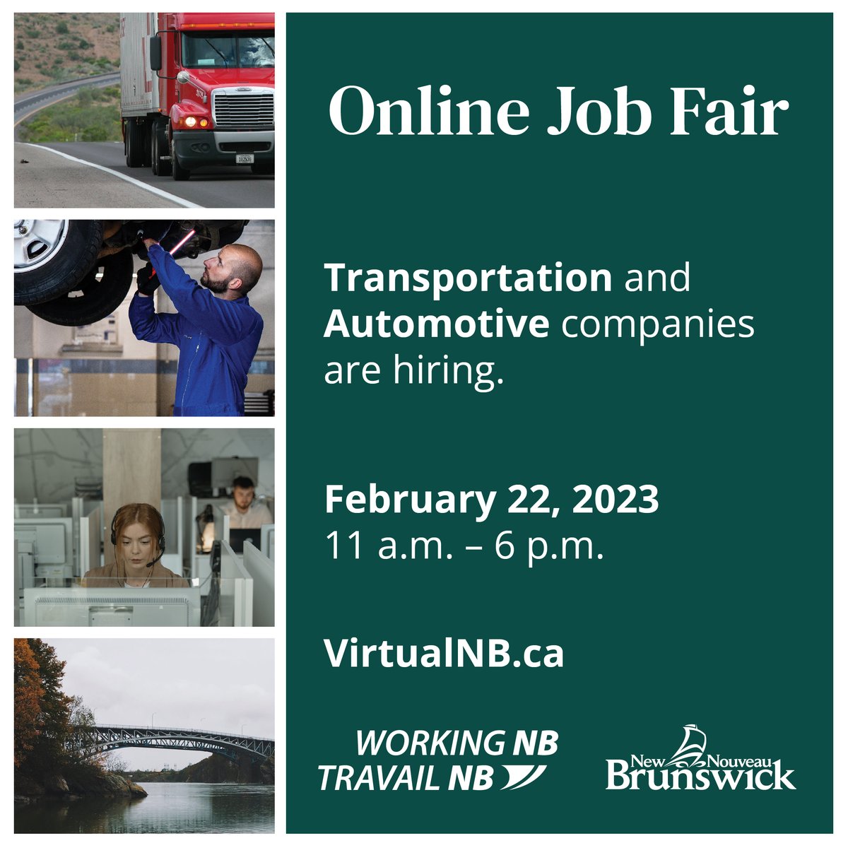 Making it easy to connect virtually with businesses looking to fill various positions in the Transportation and Automotive industries. 

Sign up today for this one-day online event happening February 22nd from 11am to 6pm AST. 

VirtualNB.ca