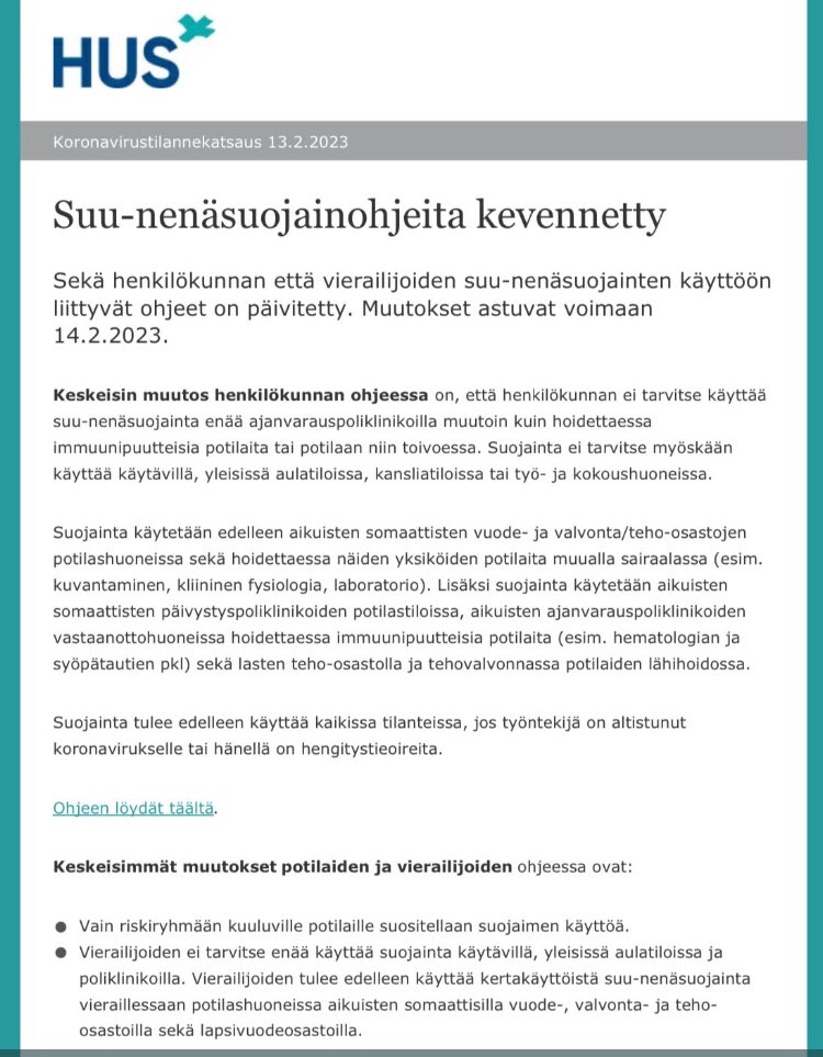 HUS Sairaaloiden ja poliklinikoiden maskiohje on päivittynyt.
🫶🏽 äitiyspoliklinikalla terveet ammattilaiset ja synnyttäjät tukihenkilöineen voivat asioida nyt maskitta
