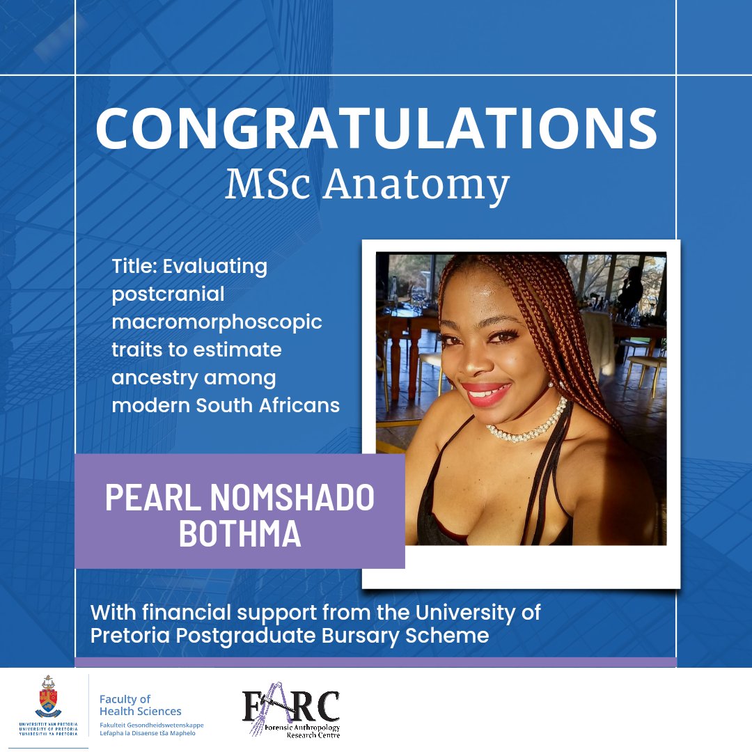 UPAnthro's tweet photo. #Congratulations to Pearl Bothma on successfully completing her MSc Anatomy at @Faculty_HSUP

#mscanatomy #lifechangers #uphs #postgraduate #graduation #welldone #forensicanthropology #forensicanthropologyresearchcentre #bioanthro #biologicalanthropology https://t.co/RDY4tn5W2H