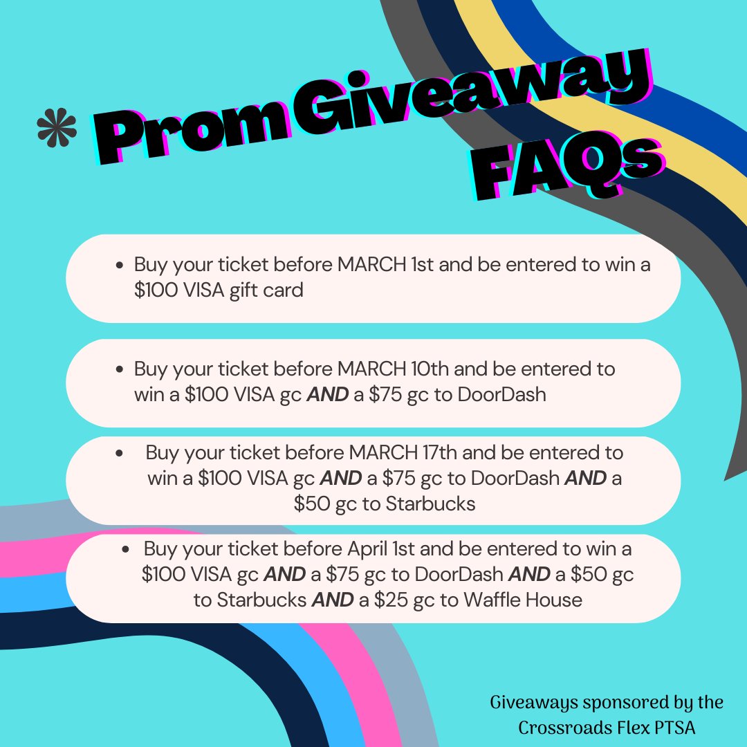 PTSACrossrdFLEX's tweet photo. @CrossroadsFlex students: Buy your ticket before MARCH 1st &amp; be entered to win a $100 VISA gift card
and save $10 on your ticket price! Buy your ticket here: https://t.co/UiL18nVXwB https://t.co/5Q2ZoyDhzE