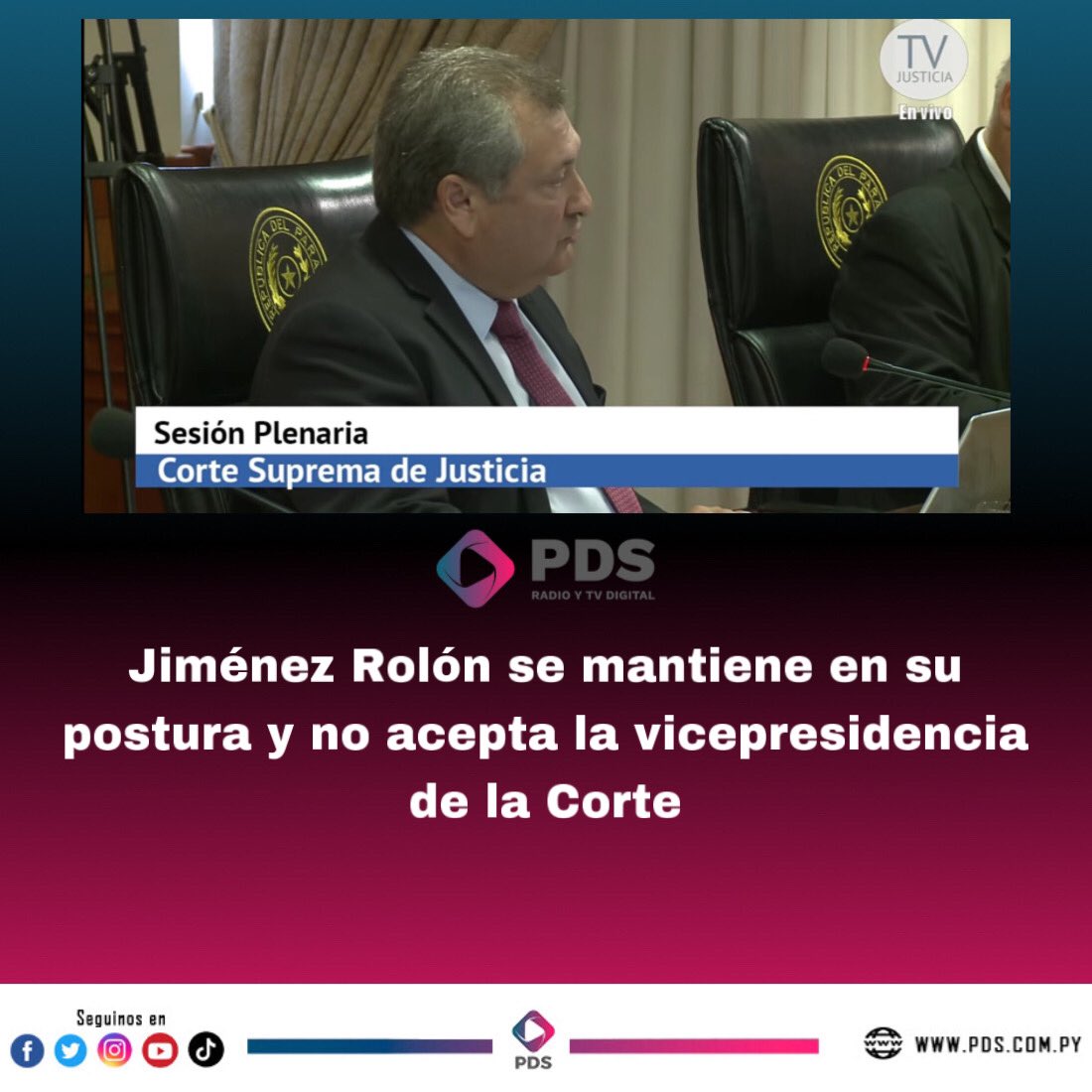 pds_radio's tweet photo. #PlenoCSJ⚖️ El ministro Eugenio Jiménez Rolón ratifica que no acepta la vicepresidencia 2ª de la Corte.
🗣Mencionó que no se trata de una cuestión política, sino interna de la Máxima Instancia Judicial.
📞MóvilPDS @Lucas_zPy #PDS https://t.co/URQIuOkkm4