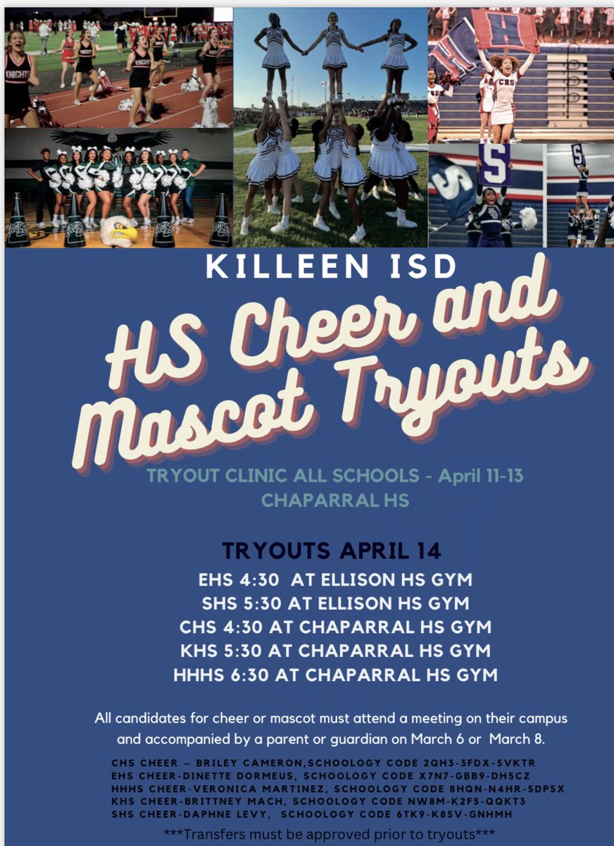 Hey Bobcats! Are you interested in trying out for cheer? Tryouts are coming up! Join our Schoology group for more information! <a href="/chskisd/">Chaparral High</a> <a href="/KilleenISD_/">KISD Sports</a>