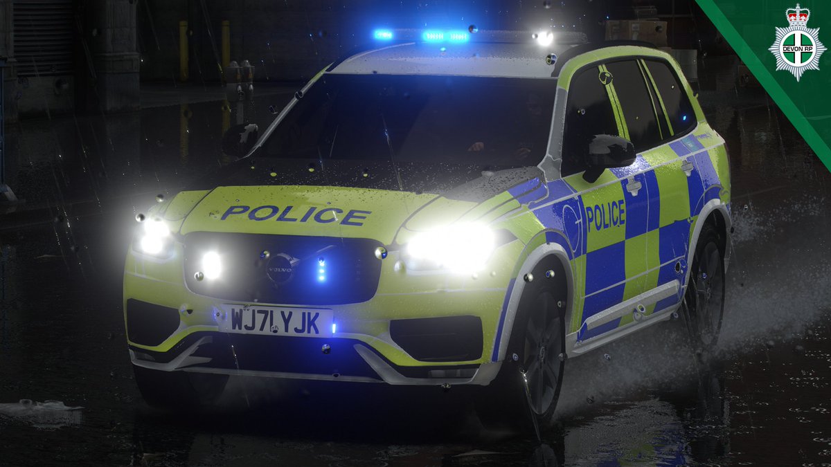 DevonCountyRP's tweet photo. One of our Volvo XC90 ARVs responding through horrendous weather conditions. #Fictional https://t.co/a0YfoTNnHs