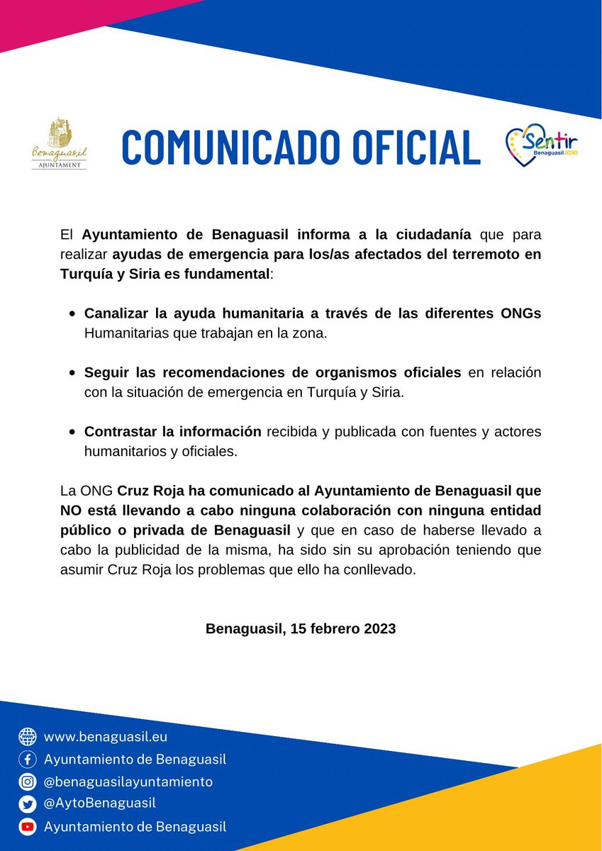 AytoBenaguasil's tweet photo. 🔈COMUNICADO OFICIAL🔈 https://t.co/mwjYlNlTqf