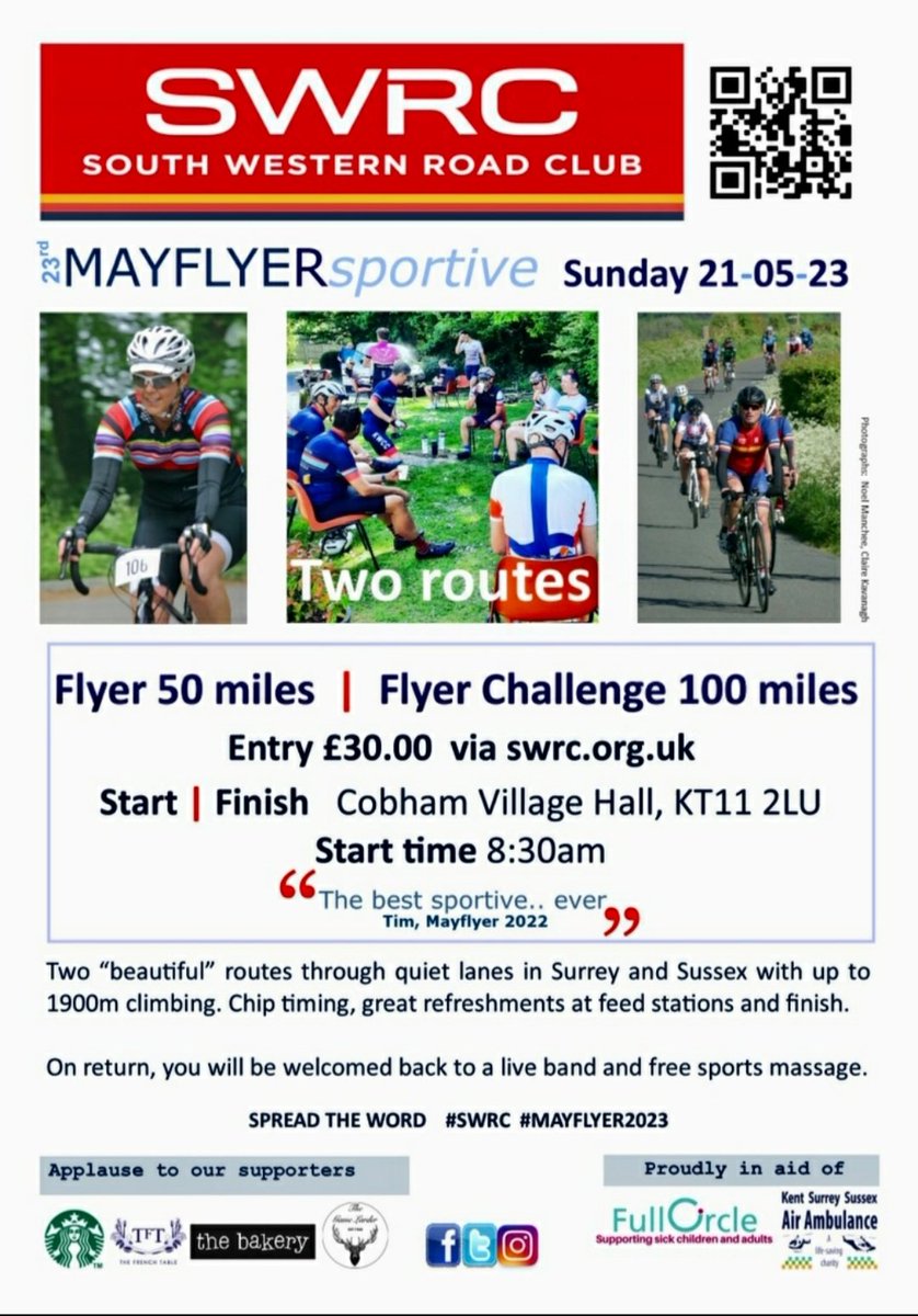 FullCircle_Fund's tweet photo. 🚲 Calling fit road cyclists! Join us for the 23rd @SWRC_UK #MayFlyer #cyclosportive

✒"The best sportive in the UK or Europe"

📌 Sun 21/5/23 Cobham, KT11 2LU

🏥 in aid of our charity's incredible work for @StGeorgesTrust &amp; @UHSussex
 
✅ Enter/info https://t.co/hIpFEp7EXd https://t.co/nICNBxFfra