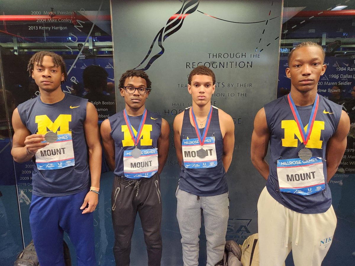 MountToday's tweet photo. At the Millrose Games on Saturday, the #MountTrack Team of Richard Lyn, Jabril Carter, Steven Monegro and Jaden Roberson ran a time of 3:28.67 seconds to place 2nd overall in the 4 x 400-meter Relay, 2nd in the CHSAA League and qualified for the HS Nike National Championships! https://t.co/HO8zPjTlJx