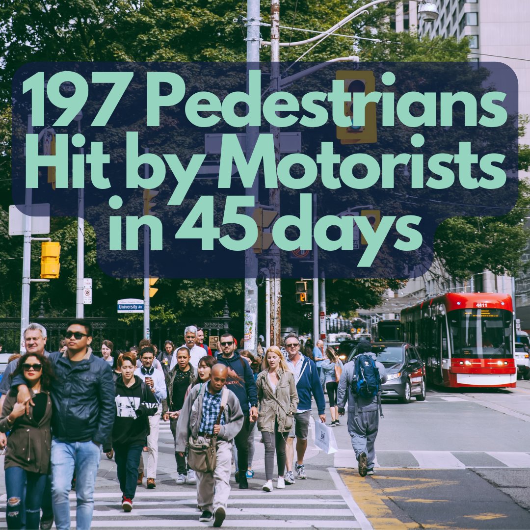 .<a href="/TrafficServices/">TPS Traffic Services</a>  reported last night that 197 pedestrians were struck by motorists since Jan. 1st. That's 4 people hit a day while walking in Toronto. <a href="/VoiceoverCop/">Sean Shapiro</a> are you able to tell us how many cyclists have been struck &amp; the total number of VRUs? youtube.com/watch?v=JHo8Vr…