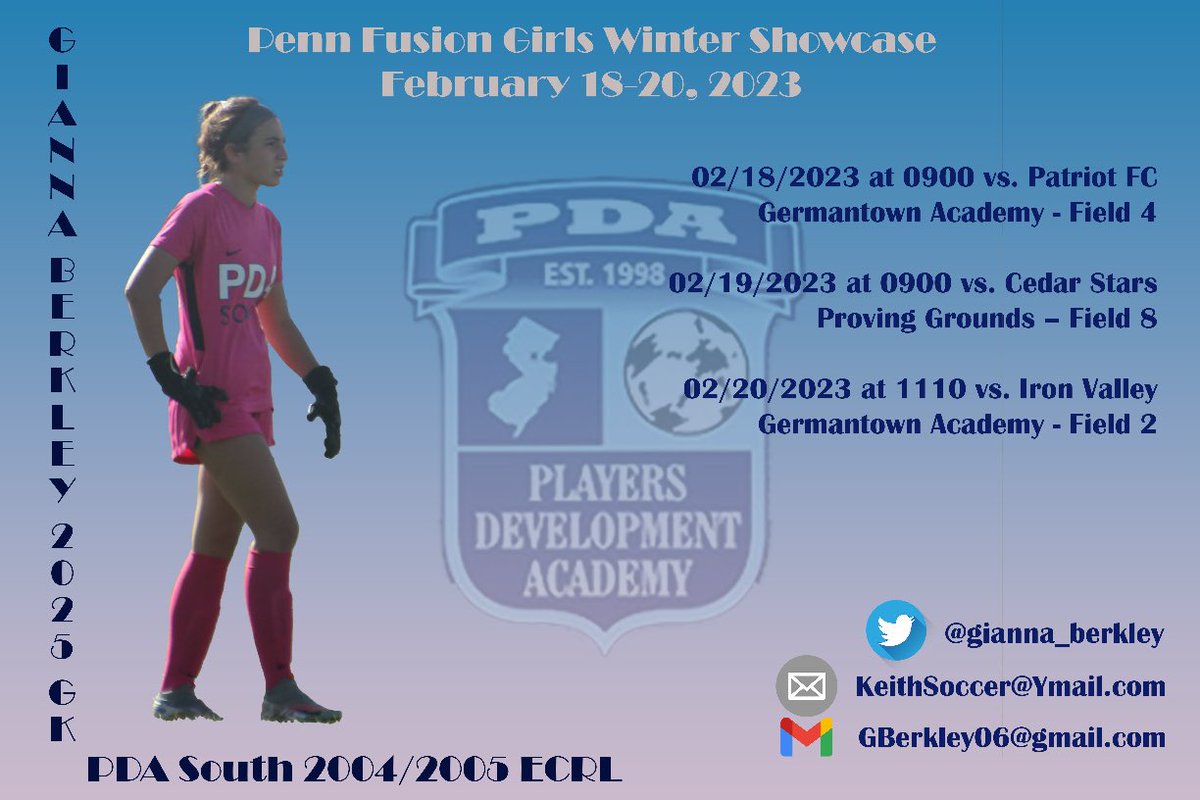 gianna_berkley's tweet photo. I am thrilled to showcase my talent this presidents day weekend at the 2023 @PennFusion_SA Girls Winter Showcase! @ECNLgirls @wearesoccershow @TopDrawerSoccer @ImYouthSoccer @SoccerMomInt @ImCollegeSoccer @PDASoccer @PdaSouth @thesoccerwire #showcaseseries @WSOCRecruits https://t.co/A9qmVjyyW7
