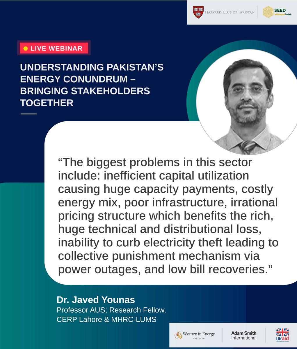 🔴LIVE: Dr. @javed_younas1, Professor AUS; Research Fellow, @CERPakistan  @MHRC-LUMS, enlists the major issues facing Pakistan’s energy sector.

Link to join:  zoom.us/j/96952139423

#EnergyChallenges #ExploreSolutions